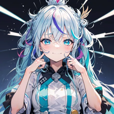 streaked hair, silver hair, light blue hair, hair between eyes, crossed bangs, hair over shoulder, long hair, crown braid, expre...