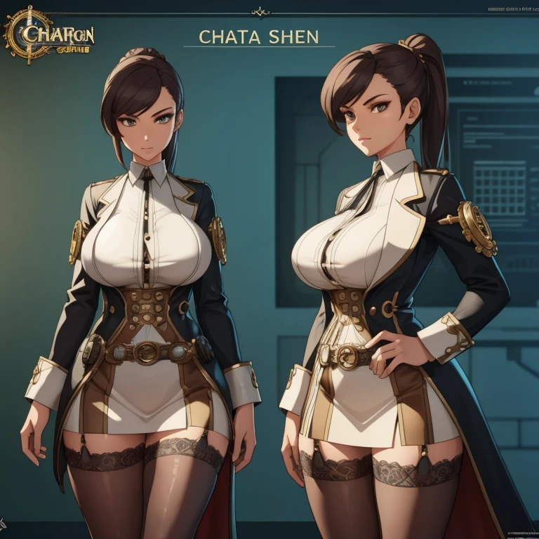 (Character sheet, concept), ultra-detailed female character, steampunk spy, maximalist beautiful studio soft light, vibrant details, lace, stockings, elegant