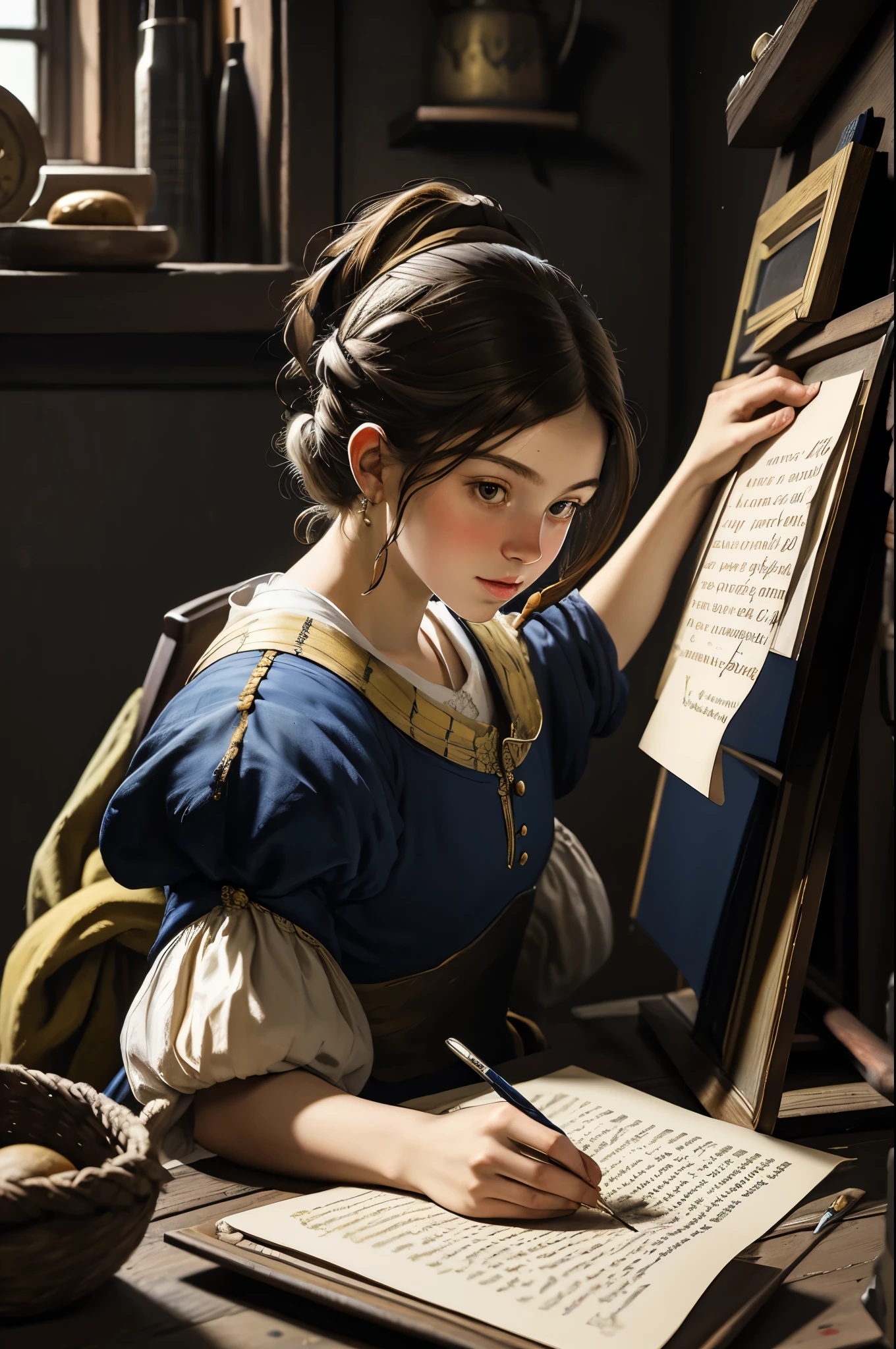 estilo menina com brinco de pérola, pintura de Johannes Vermeer, obra de arte, escrevendo uma carta