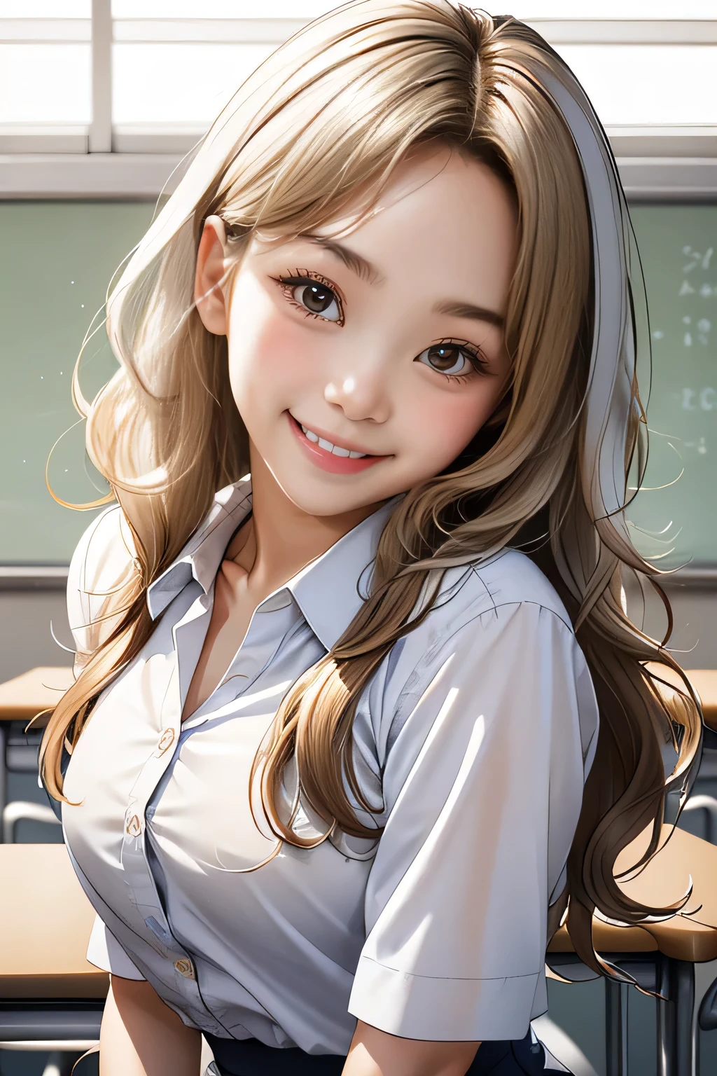 Realistic, masterpiece, highest quality, Highest Resolution, one Japanese high school girl, 16 years old, Upper body photo, She narrows her eyes and looks at me with a shy smile and a smile, Laughing with mouth open, Beautiful and detailed eye drawing, (droopy eyes:1.3), Dark Eyes, Thin eyebrows, Carefully draw eyelashes, A little tooth is visible, Gal Makeup,  (White brown wavy hair with white mesh, long hair, middle part:1.3), (hidden creased eyelids:1.3), He is wearing a neat white button-up shirt., She is wearing a short pleated skirt with a gray plaid pattern, A was photographed from below at an angle, School classroom,