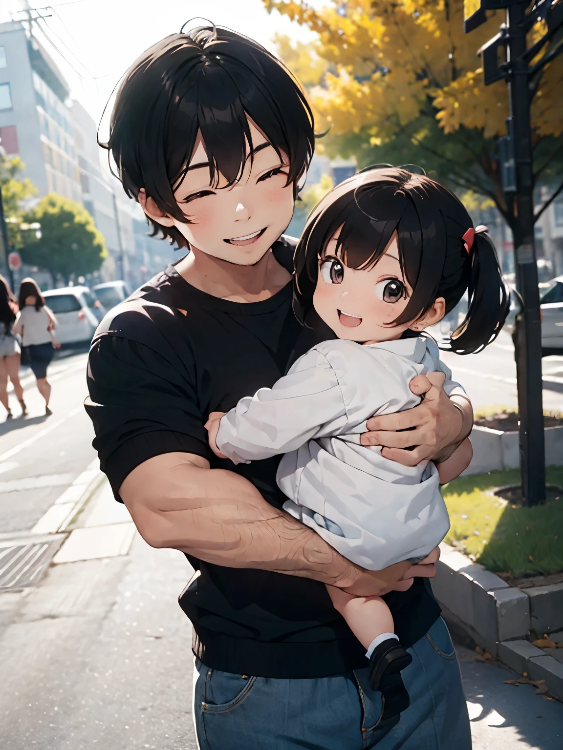 Anime boy and girl holding a baby in the street - SeaArt AI