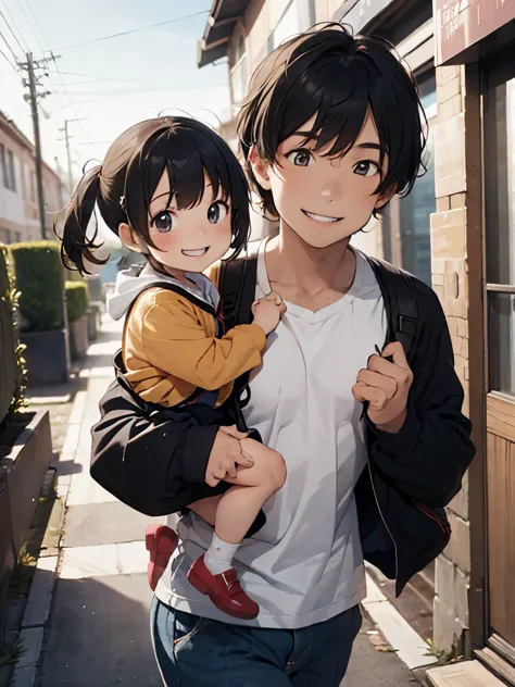 a man with his toddler baby going to school smiling