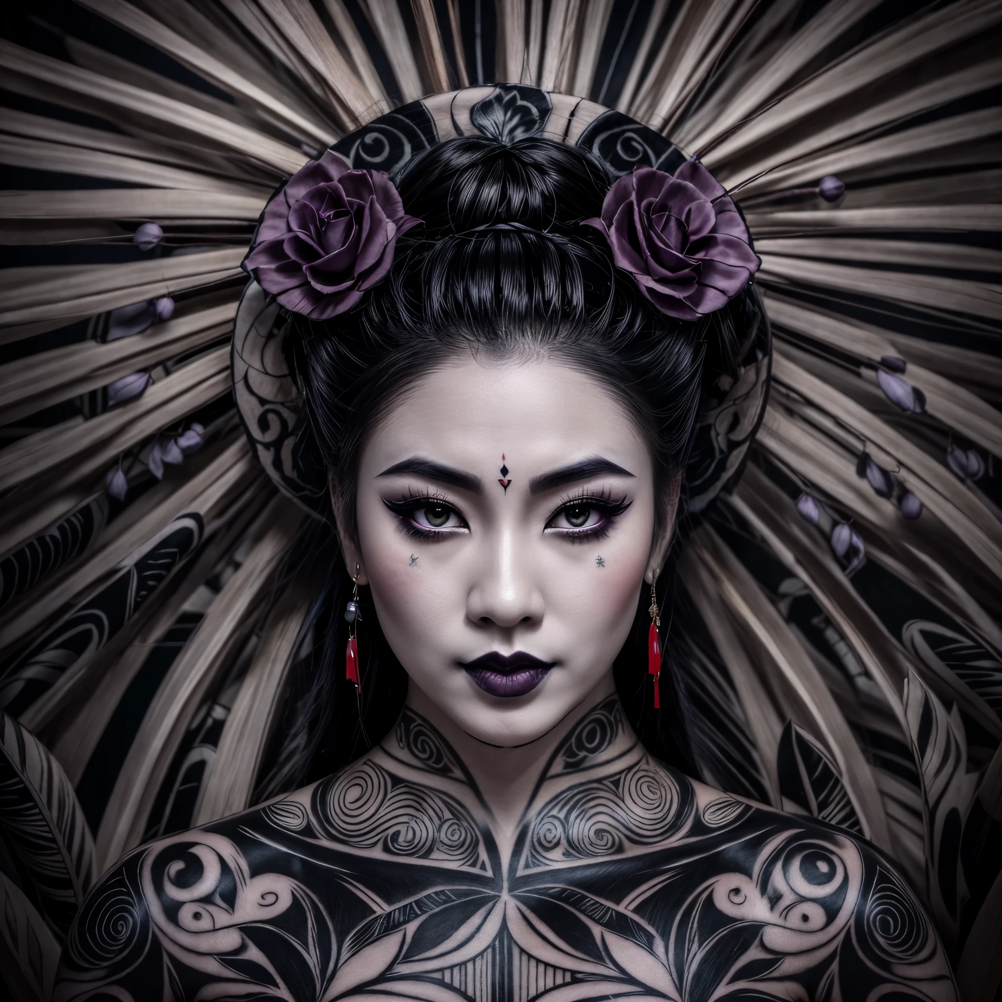 an Asian gothic geisha, with beautiful eyes, pale silky skin, makeup, full lips (black lipstick), with tribal tattoos covering her entire body, wearing earrings, bun, black hair, black flowers in her hair, posing, with black thorn branches in the background, detailed face of an Asian gothic geisha, beautiful empress of darkness in Asia, an incredible maiden of darkness.