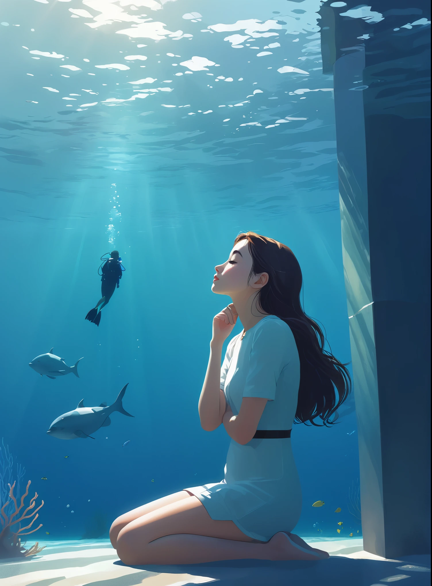 Minimalist Journey，diving，Solitary，The girl rests one hand on her cheek, gazing into the distance, reflecting a thoughtful or dreamy pose, conveying a sense of serenity and depth, dutch angle,Minimalism, Under the Sea, illustration.