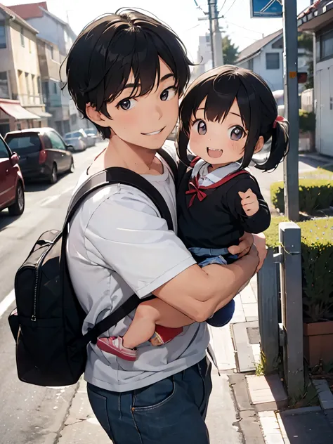 a man with his toddler baby going to school smiling