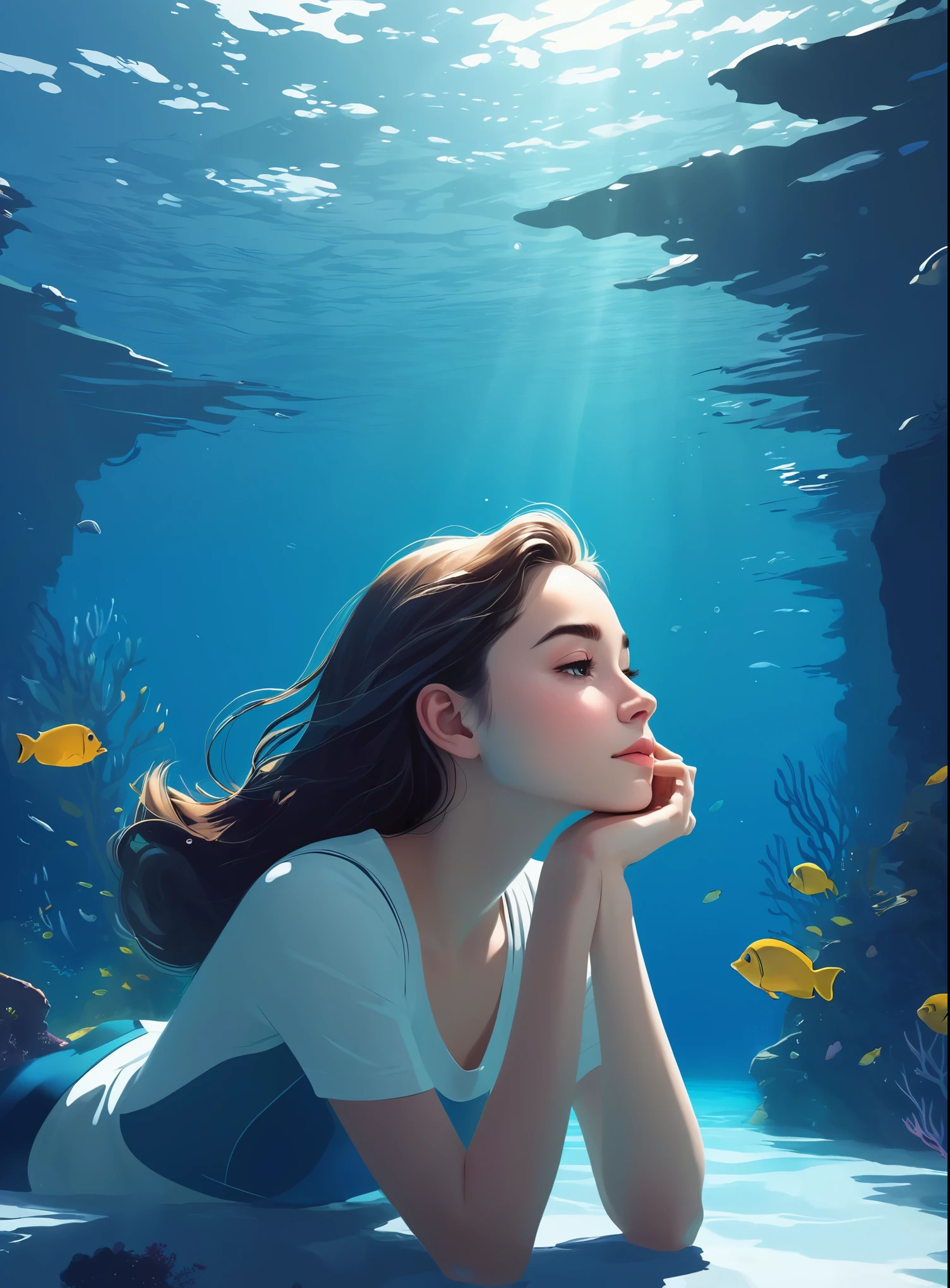 Minimalist Journey，diving，Solitary，The girl rests one hand on her cheek, gazing into the distance, reflecting a thoughtful or dreamy pose, conveying a sense of serenity and depth, dutch angle,Minimalism, Under the Sea, illustration.