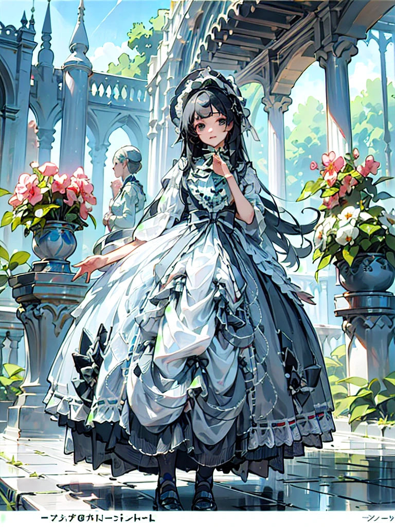 (masterpiece, top quality, best quality, official art, beautiful and aesthetic:1.2), 1girl, long black straight hair,  solo, standing in garden, looking at viewer, white lolita_dress, 