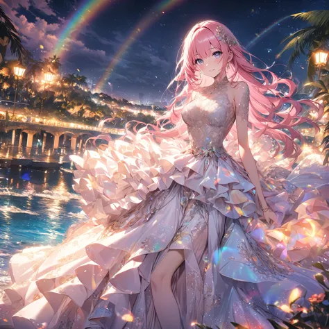 ``A beautiful woman with long pink hair and beautiful eyes wearing an elegant and detailed hawaiian dress.The dress must have in...