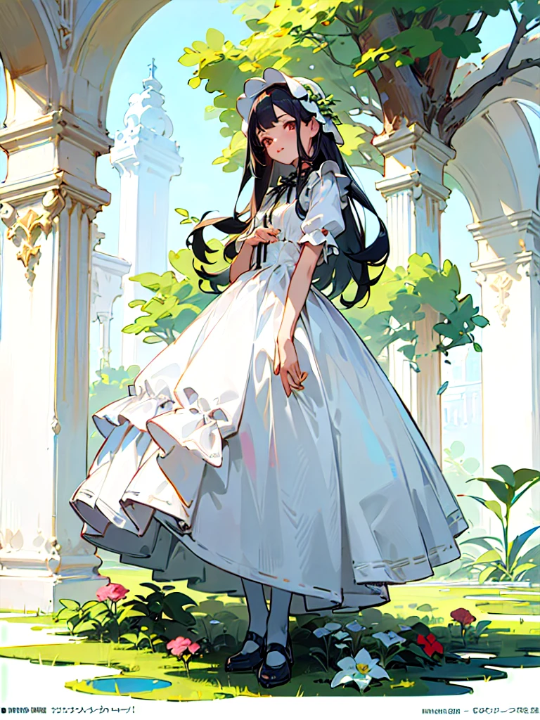 (masterpiece, top quality, best quality, official art, beautiful and aesthetic:1.2), 1girl, long black straight hair,  solo, standing in garden, looking at viewer, white lolita_dress, 