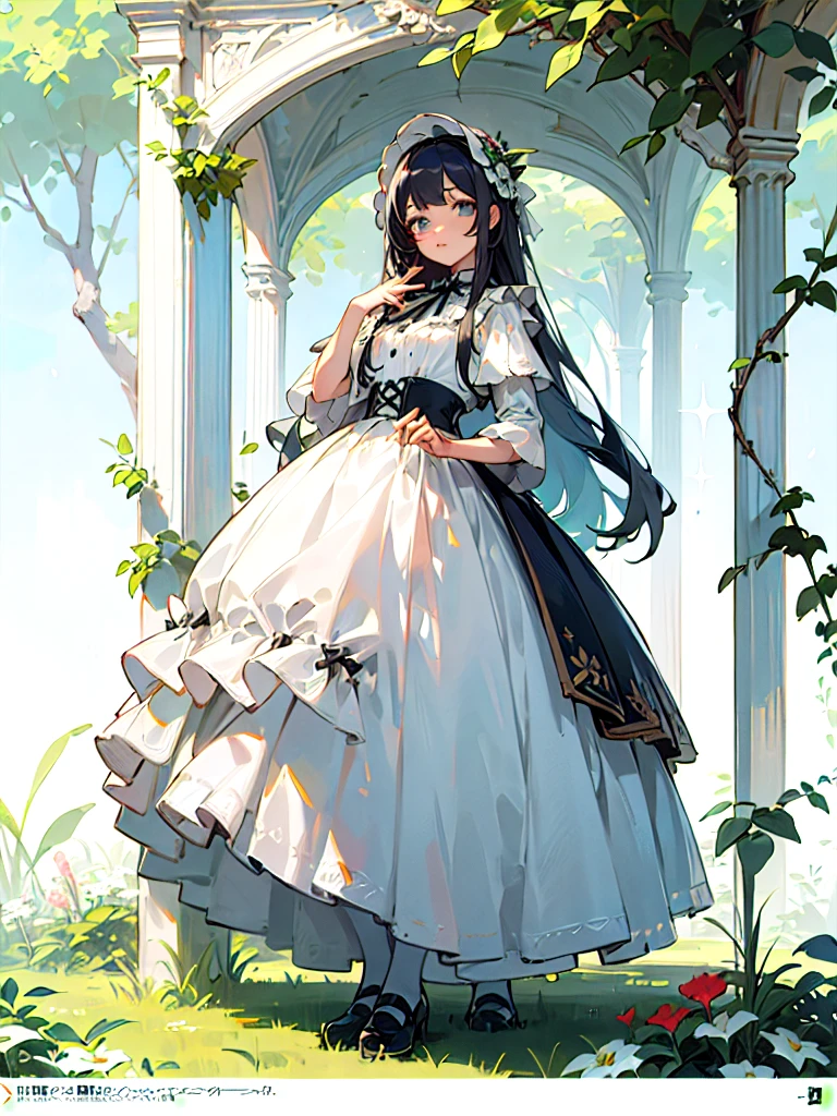 (masterpiece, top quality, best quality, official art, beautiful and aesthetic:1.2), 1girl, long black straight hair,  solo, standing in garden, looking at viewer, white lolita_dress, 