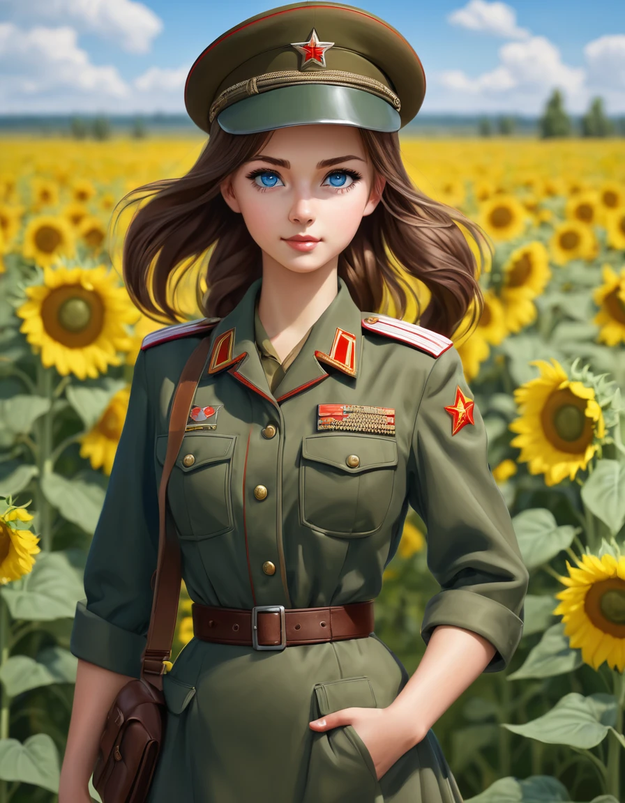 1 girl, One, Soviet Military Uniform, dynamic pose, Best quality, high quality, a high resolution, masterpiece, I look at the viewer, facing the viewer,, source_аниме BREAK 1girl, One,Soviet Military Uniform, soviet cap, belt, Brown hair, hairstyle ponytail, Look at the viewer, emotions, skirt, Blue eyes, standing in a field of sunflowers