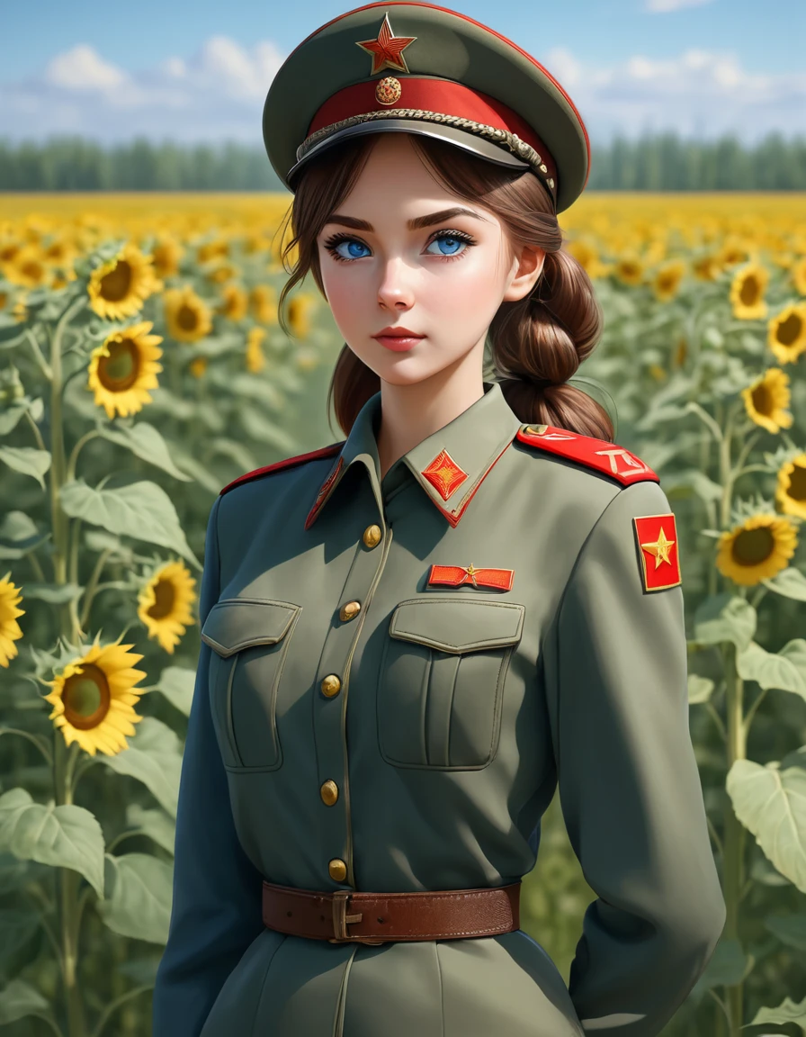 1 girl, One, Soviet Military Uniform, dynamic pose, Best quality, high quality, a high resolution, masterpiece, I look at the viewer, facing the viewer,, source_аниме BREAK 1girl, One,Soviet Military Uniform, soviet cap, belt, Brown hair, hairstyle ponytail, Look at the viewer, emotions, skirt, Blue eyes, standing in a field of sunflowers