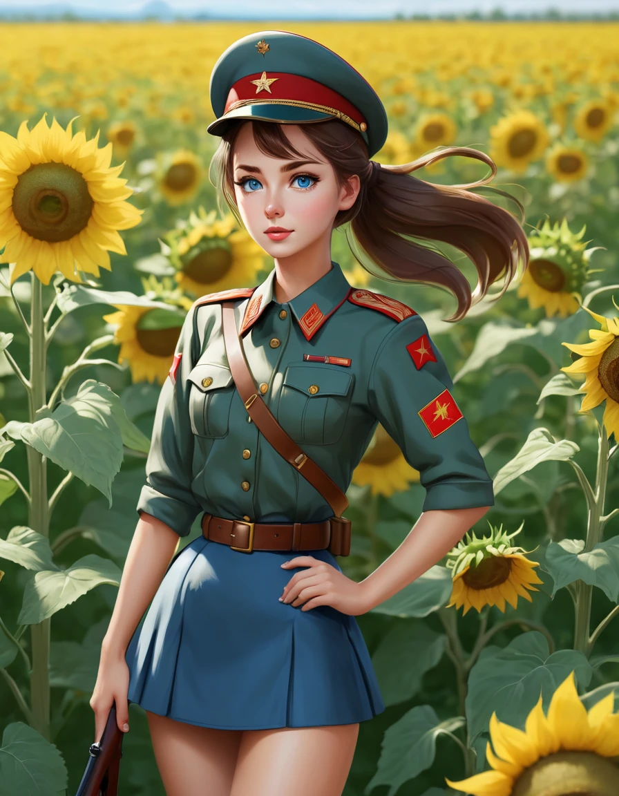 1 girl, One, Soviet Military Uniform, dynamic pose, Best quality, high quality, a high resolution, masterpiece, I look at the viewer, facing the viewer,, source_аниме BREAK 1girl, One,Soviet Military Uniform, soviet cap, belt, Brown hair, hairstyle ponytail, Look at the viewer, emotions, skirt, Blue eyes, standing in a field of sunflowers