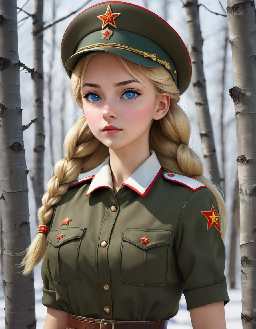 1 girl, One, Soviet Military Uniform, dynamic pose, Best quality, high quality, a high resolution, masterpiece, looking away, face away from the viewer, source_аниме BREAK 1girl, One,Soviet Military Uniform, soviet cap, belt, blonde, hair braided, long braid, emotions, skirt, Blue eyes, worth the will of the birches