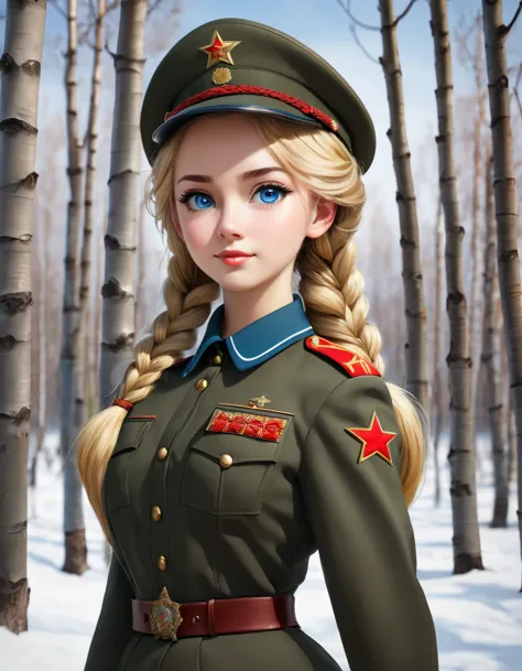 1 girl, One, Soviet Military Uniform, dynamic pose, Best quality, high quality, a high resolution, masterpiece, looking away, fa...