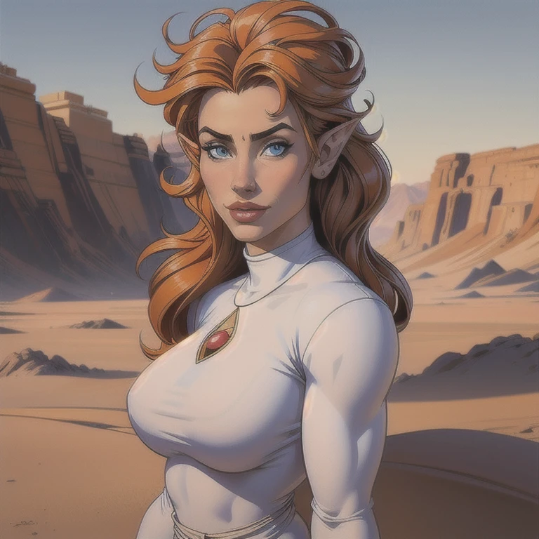 ((best quality)), ((art)), ((realistic)), ((best quality)), ((art)), ((realistic)), female thundercat, Pumyra of thundercats, walking in the desert, looking tired, dressed in long-sleeved tight-fitting clothes with the thundercats symbol in the center (modern style), very beautiful, Pumyra of the thundercats, in a natural and casual style at eye level, Scenic, work of art, (high resolution), original, 8K extremely detailed, (photorealistic: 1.4), flawless face, perfect eyes, symmetrical body shape, smile, elf