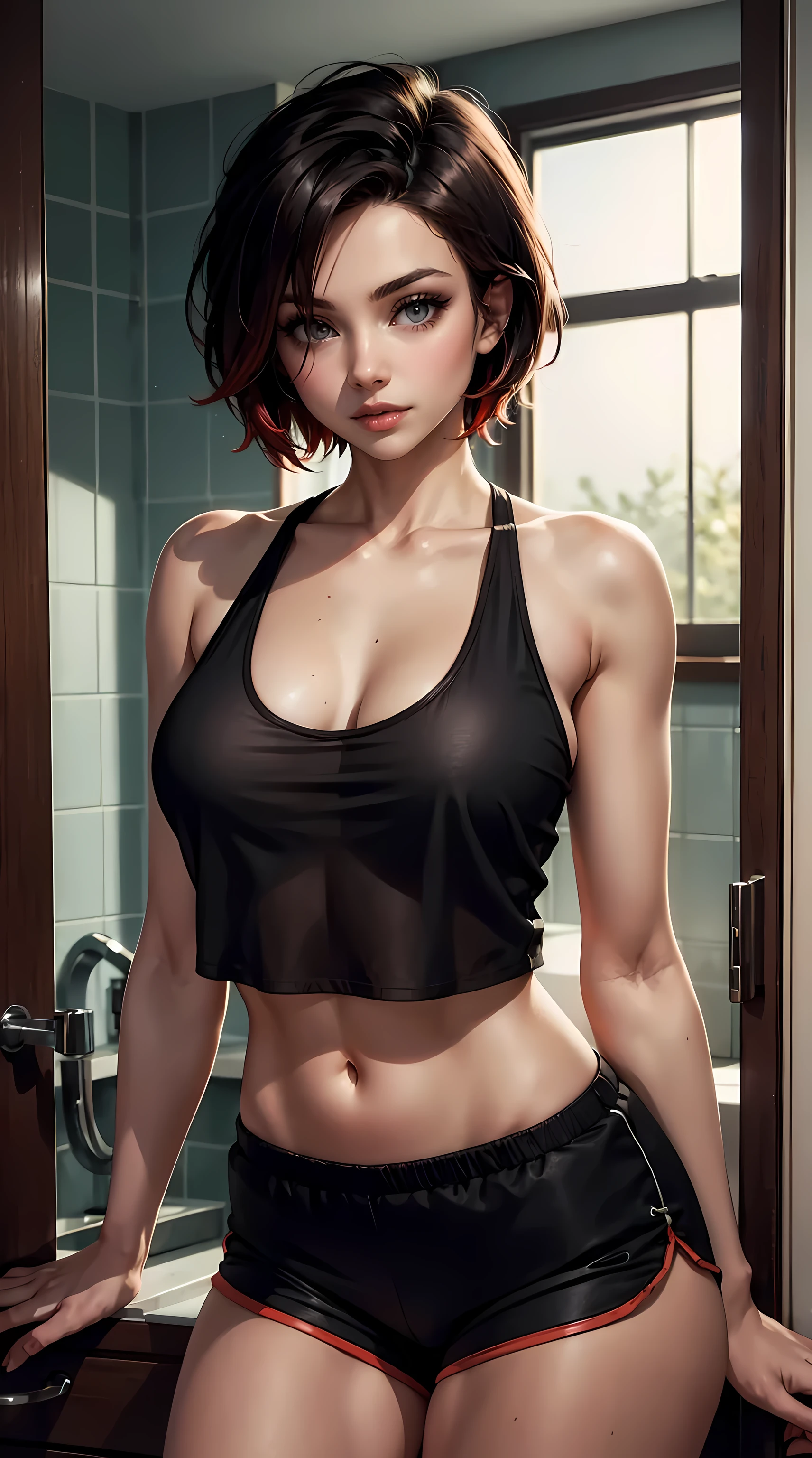 Beautiful short brunette hair woman is shown to have a sexy figure, she is wearing a oversized loose tank top and sexy track shorts, sexy look, red highlights, gray eyes, girl in bathroom, sexy session, sexy pose, cowboy shot, superior quality, many details, realistic