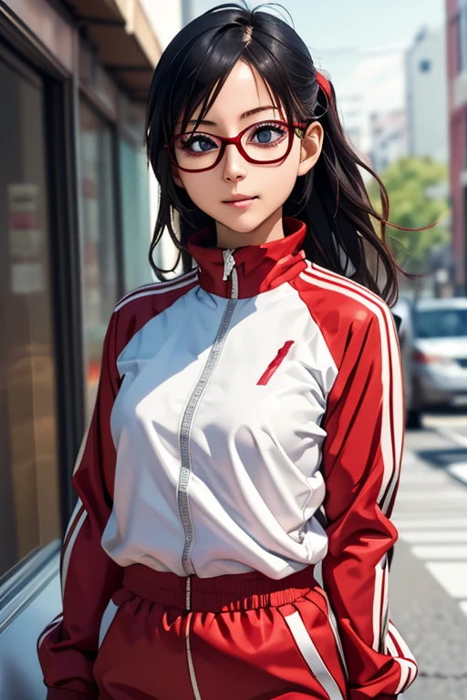 (masterpiece, highest quality), One Girl,  Satou, Satou, Glasses, 赤いフレームのGlasses, Under-rim eyewear, Satou, Glasses, 赤いフレームのGlasses, Under-rim eyewear, Track jacket, Track pants