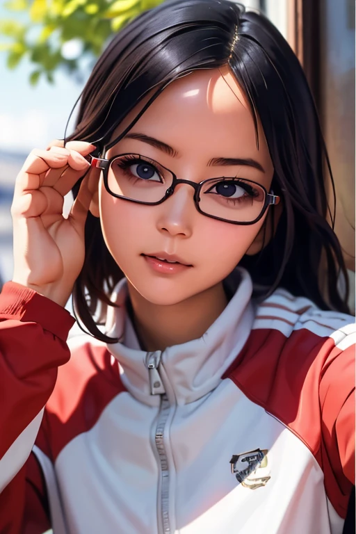 (masterpiece, highest quality), One Girl,  Satou, Satou, Glasses, 赤いフレームのGlasses, Under-rim eyewear, Satou, Glasses, 赤いフレームのGlasses, Under-rim eyewear, Track jacket, Track pants