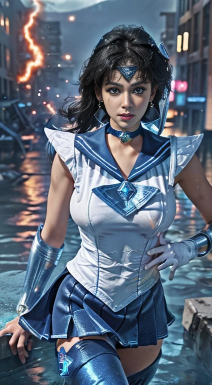 Unreal Engine:1.4,Ultra-high resolution,Best Quality:1.4, Realistic:1.4, Skin Texture:1.4, masterpiece:1.8, (Sailor Mercury:1.4), blue eyes, uniform, 両handを背中に回す、Large Breasts, tiara, Sailor Warrior Uniforms, (RAW Photos, Best Quality), masterpiece, foolish, sexy, Pelo azul corto floating, Blue sailor collar, (Over the knee boots: 1.4), choker, 白いhand袋, choker azul, 肘用hand袋, gem, Earrings, Blue Skirt:1.4, only, whole body, Shiny black hair, (hand:1.4), Octane Rendering, God of Fire, (raindrop), Wet clothes, (Dense and beautiful water), (floating), Dynamic Angle, Browsing Caution,Best Quality,masterpiece,Ultra-high resolution,(Cowboy Shot:1.3),(Realistic:1.4),RAW Photos 8K,Cinema Lighting,Official Art,evening, //, Messy Hair, Large Breasts,,hermosas feet,naked,Tall Woman,skinny,Delgado_feet,thigh_gap,(Watching the audience:1.2),model,thighs negros,Dynamic pose,High heels,from the front,liar,show ,(Apocalyptic Destroyed City:1.4), ((Missionary anal penetration)),((feet abiertas)),((Extreme close up)),(Super detailed),Portraiture,(masterpiece),(Best Quality),(Super detailed),Professional Lighting, mercury