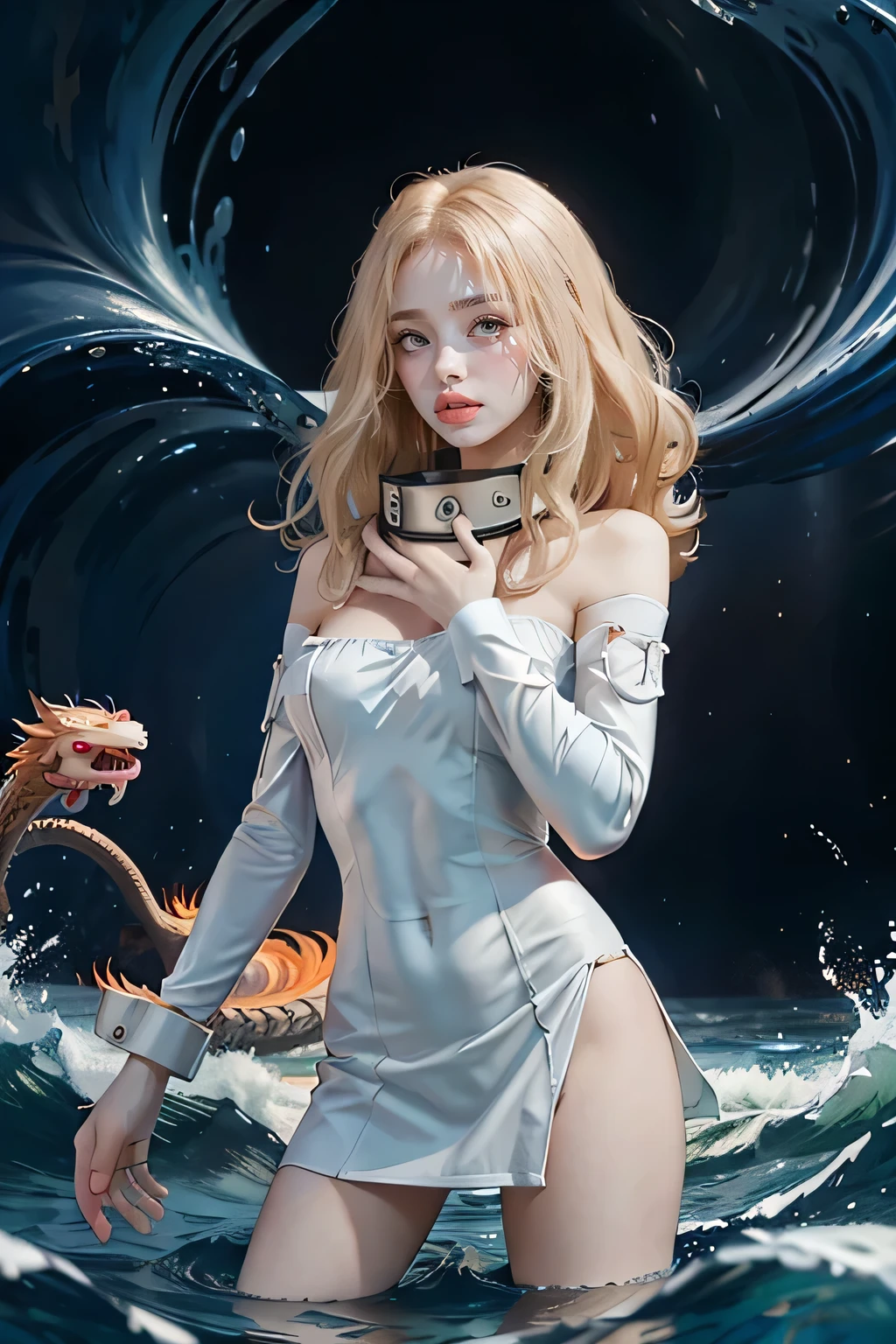 (masterpiece, top quality, best quality,1girl, long hair, (glowing:1.15), (team:1.1), (monarch:1.05),Long coat,surrounded by huge Chinese dragons,dragon open mouse,1girl,solo,light_blue_hair,liquid hair, long hair,floating hair, standing,sundress, liquid clothes, water,waves, tsunami,tide,sea,water dress, negative space,, 