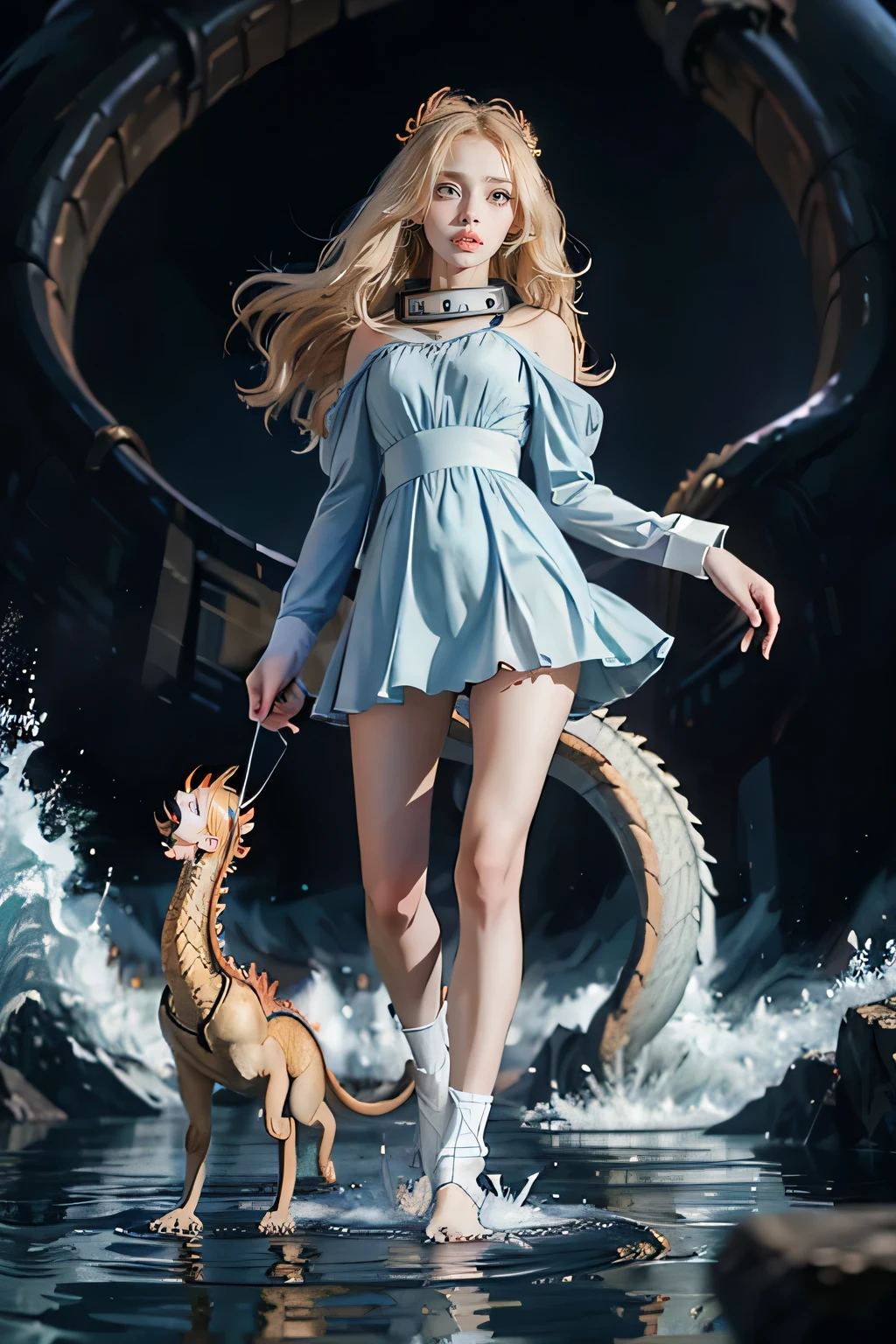 (masterpiece, top quality, best quality,1girl, long hair, (glowing:1.15), (team:1.1), (monarch:1.05),Long coat,surrounded by huge Chinese dragons,dragon open mouse,1girl,solo,light_blue_hair,liquid hair, long hair,floating hair, standing,sundress, liquid clothes, water,waves, tsunami,tide,sea,water dress, negative space,, 