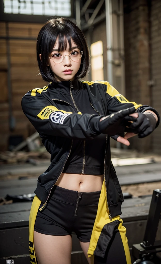 realistic, 1girl, black eye glasses, dark abandoned warehouse backgroud, bob hair, hair bangs, tight and fitted yellow tracksuit, tracksuit half unzip, cleavage, big bust, tummies, bellybutton, camouflage fitted shorts, tights, knees, fitted outfit, arm sleeves fitted,