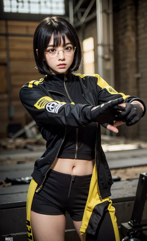 realistic, 1girl, black eye glasses, dark abandoned warehouse backgroud, bob hair, hair bangs, tight and fitted yellow tracksuit...