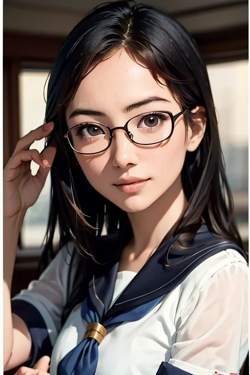 (masterpiece, highest quality), One Girl,  Satou, Satou, Glasses, 赤いフレームのGlasses, Sailor suit, Satou, Glasses, 赤いフレームのGlasses, 