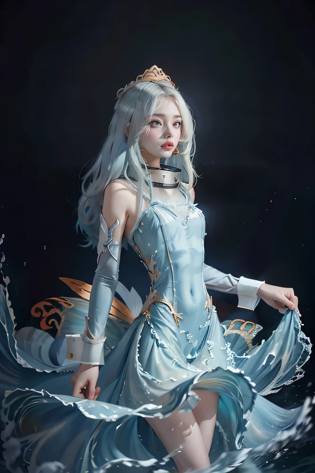 (masterpiece, top quality, best quality,1girl, long hair, (glowing:1.15), (team:1.1), (monarch:1.05),Long coat,surrounded by huge Chinese dragons,dragon open mouse,1girl,solo,light_blue_hair,liquid hair, long hair,floating hair, standing,sundress, liquid clothes, water,waves, tsunami,tide,sea,water dress, negative space,, 