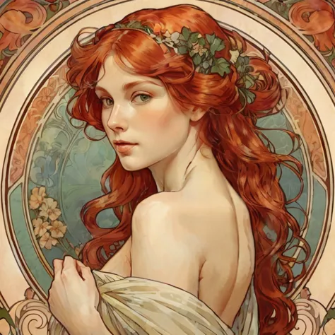 a close up of a woman with red hair and a wreath on her head, ginger. art nouveau, hyperrealistic art nouveau, mucha style 4k, a...
