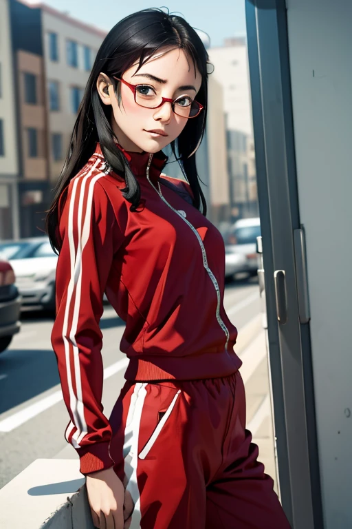 (masterpiece, highest quality), One Girl,  Satou, Satou, Glasses, 赤いフレームのGlasses, Under-rim eyewear, Satou, Glasses, 赤いフレームのGlasses, Under-rim eyewear, Track jacket, Track pants