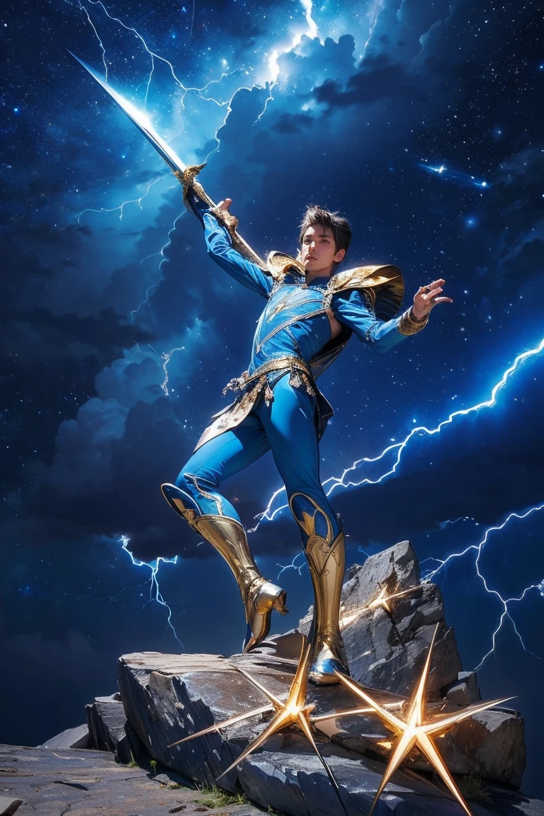 highest quality, masterpiece, Realistic, High resolution, 8K RAW Photos, 1人のmaleの子、male,Has a decorated sword、Raise your sword、(Blue bodysuit with lightning motif、Gold Edge)、Gold Pendant、(((Action pose)))、(On a rock on a planet with solar system visible)、(Many lightning bolts in the starry sky:１.2）