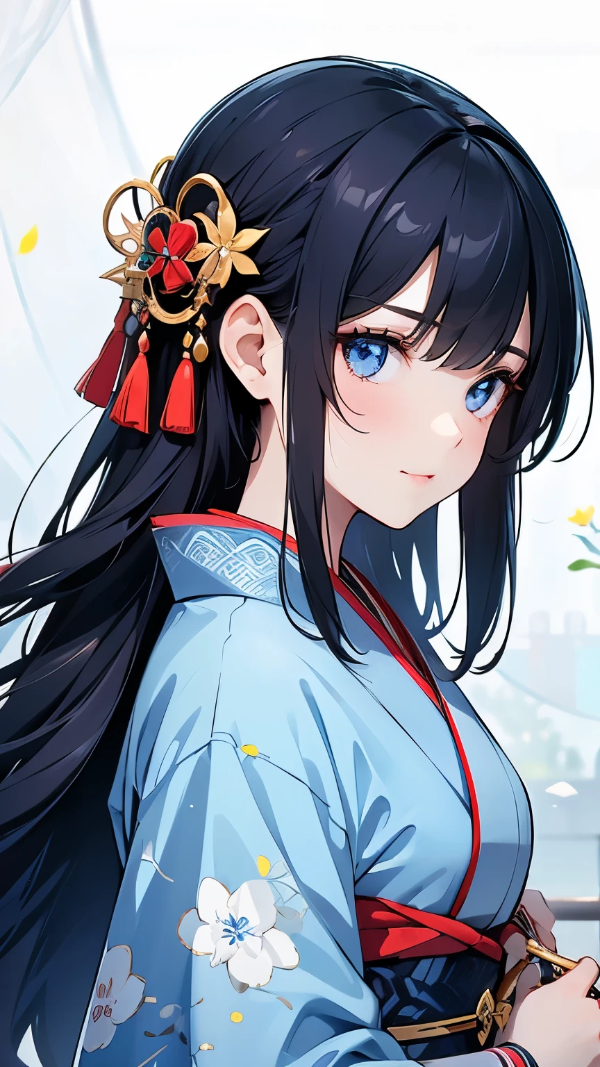 ((Best quality, 8k, Masterpiece: 1.3)), Highly detailed face and skin texture, Detailed eyes, Girl in traditional Japanese kimono, blue kimono, black hair, long hair, kanzashi, pov