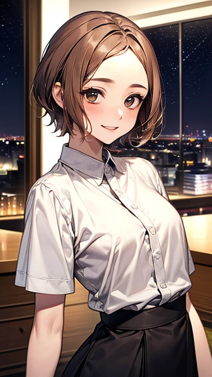 Blushing lightly and smiling, (Top quality masterpiece:1.2) Delicate illustrations, Very detailed, /Beautiful Japanese Woman、1 person,Very cute and slim、Excellent style 、((8K images、super high quality))、Very delicate face, Beautiful forehead、Beautiful thighs、Deep red lipstick,(((((short hair、Brown Hair、Blonde hair))))),very cute、Kind eyes,(White shirt、skirt)、starry skies、Tokyo night view、Cafe、Date