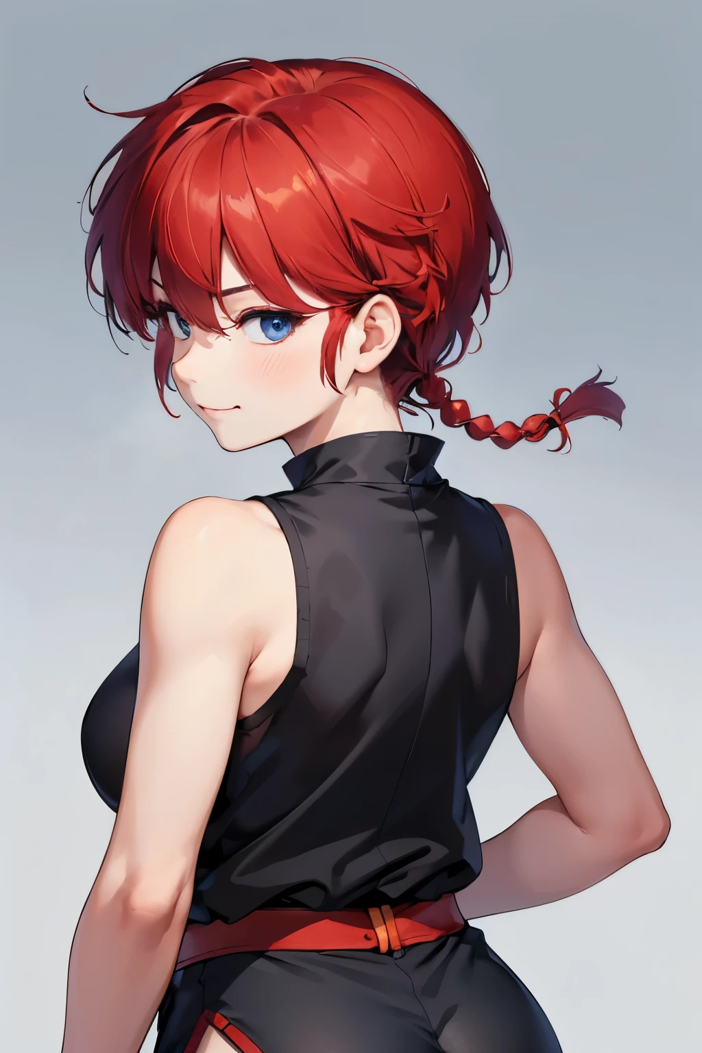 ((masterpiece)), high quality, very_high_resolution, large_filesize, full color, heavy outline, clear outline, colorful, (beautiful detailed eyes), (beautiful face:1.3), (boyish face:1.3), 1 girl, (femaleranma), (red hair), short hair, (braided ponytail), ((bangs)), bumpy bangs, blue-gray eyes, big breasts, curvy, black-wristbands, femaleranma, braided ponytail, chinese clothes, sleeveless, tangzhuang, black pants, cameltoe, standing, upper body, ((from behind:1.4)), smile, ((portrait:1.4)), ((face focus:1.4)), 