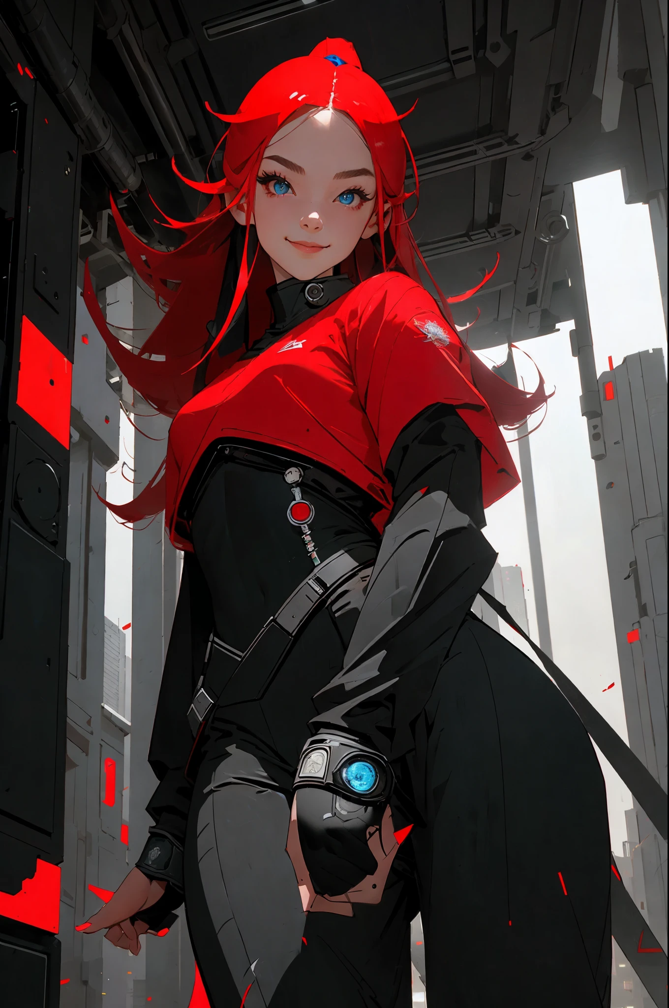 masterpiece , a girl , red very long hair , blue eyes ,  gradient , perfect figure , ( techwear:1.2) , cyberpunk , future , moderne , in cyberpunk city, lite smile , detailed face ,, , (8k,  best quality 1.2),  ultra-detailed, 8k uhd,, soft lighting, high quality, film grain,   beautiful lighting,, (cinematic:1.4) ,perfect body , best illumination, best shadow,  sharpness, contrast,