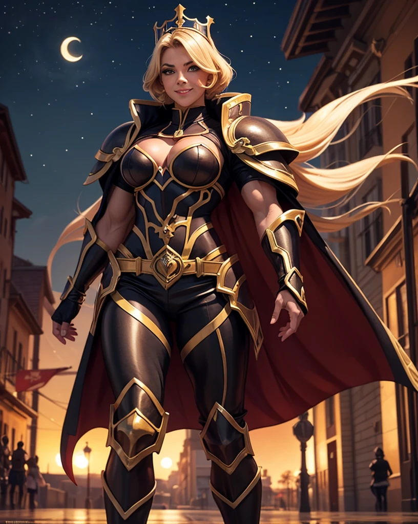 Royal Knight:1.3, (masterpiece, best quality:1.37), ultra-detailed:1.37, hyper-sharp:1.37, anime style, An illustration of a female royal knight bodybuilder, The female royal knight bodybuilder is 2m tall and has a muscular build. A female royal knight bodybuilder wears a golden royal knight armor, sunglasses, exposing her muscles. A female royal knight bodybuilder is standing in a night street under red full-moon, seductive smile, closed mouth, blonde side-under cut hair, bodybuilder fashion, looking the viewer, view viewer,