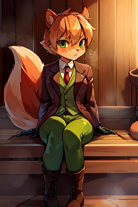 boy, squirrel, furry, bodyfur, blazer, green tights, gloves, boots, sauna