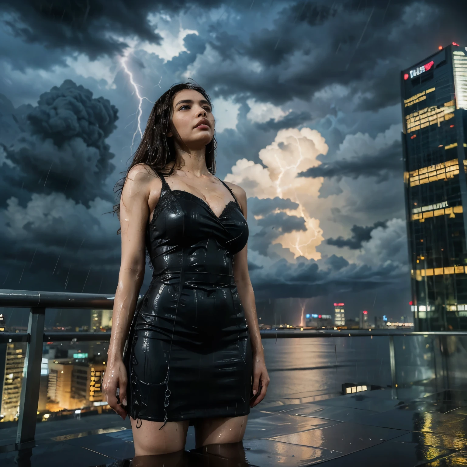 (highest quality、4K、High resolution)、Portrait、Beautifully detailed eyes、Perfectly shaped nose、Full and seductive lips、Shiny wet hair、A visually striking face、Ideal Body Proportions、Feminine and primitive lace dress、Stand on a rooftop and look out over the city skyline、Tall modern skyscrapers、There was a strong wind blowing.、(Heavy rain is pouring down from the dark clouds:1.6)、Dramatic lightning lit up the sky、My wet clothes were sticking to my body、Kneeling gracefully and confidently on the rooftop、Dresses fluttering in the wind、Eyes staring straight into the camera lens、It creates a fascinating and powerful connection.