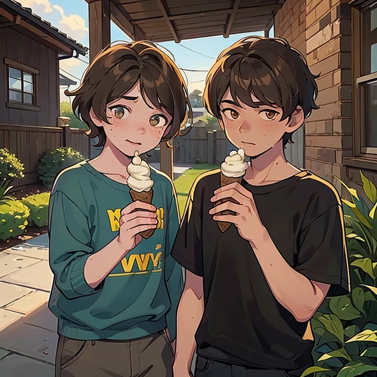 Jake y Andrew, two nine year old boys, They are both chatting happily while eating ice cream. Jake is kinder and happier, tiene los ojos verdes, tez clara, freckles and wavy light brown hair. Andrew tiene tez morena, pelo negro y rizado, he is holding an alligator mask in his hand. They are outside a house, es de noche 