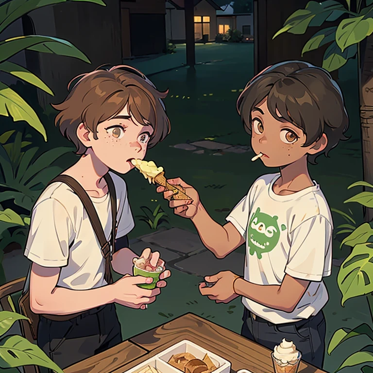 Jake y Andrew, two nine year old boys, They are both chatting happily while eating ice cream. Jake is kinder and happier, tiene los ojos verdes, tez clara, freckles and wavy light brown hair. Andrew tiene tez morena, pelo negro y rizado, he is holding an alligator mask in his hand. They are outside a house, es de noche 