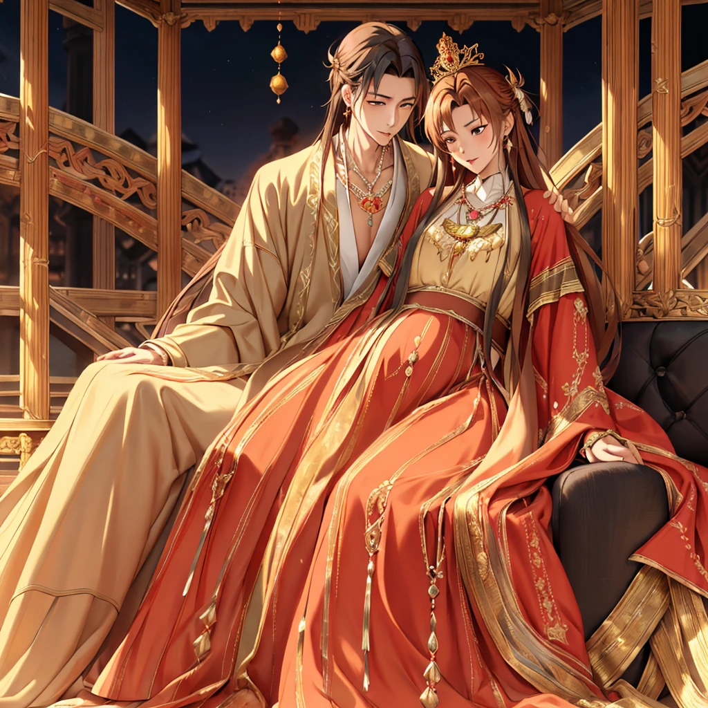 ((highest quality)), ((masterpiece)), (detailed), Perfect Face、Yuuki Asuna、Brown Hair、Hanfu、Gorgeous embroidery、cuddling with a man、((A man and a woman sit side by side on a large, luxurious throne in a palace))、The woman is pregnant、Gorgeous Phoenix Crown、The woman is wearing a gorgeous court costume.、Woman has a happy face、Gorgeous hair ornament、Earrings、necklace、Bracelet、Luxury accessories、The woman is the empress、The man is the prince、Man hugs woman