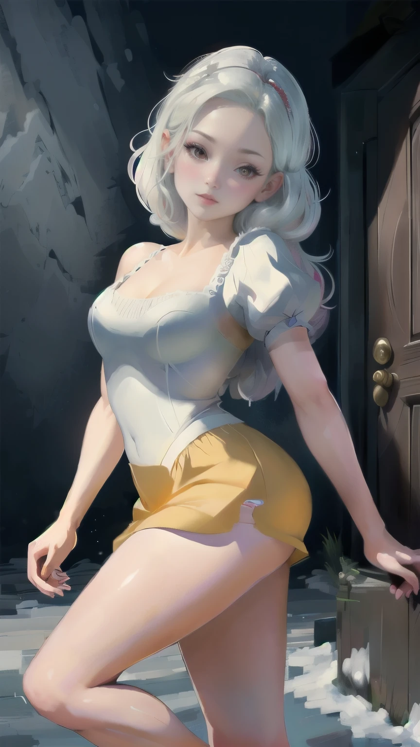 ((1 girl)), Masterpiece, (high quality, best render), (beautiful girl, snow white), (bomb, pin-up style), hot, floss, perfect body, araffed snow white in a yellow dress with a red bow, sexy snow white, portrait of snow white, pale snow white skin, 4k hd. snow white hair, disney princess, beautiful female princess, anime princess, hd artwork, official art, disney cartoon, beautiful princess, forrest background, long thin legs, large breasts, sexy pose, vibrant colors