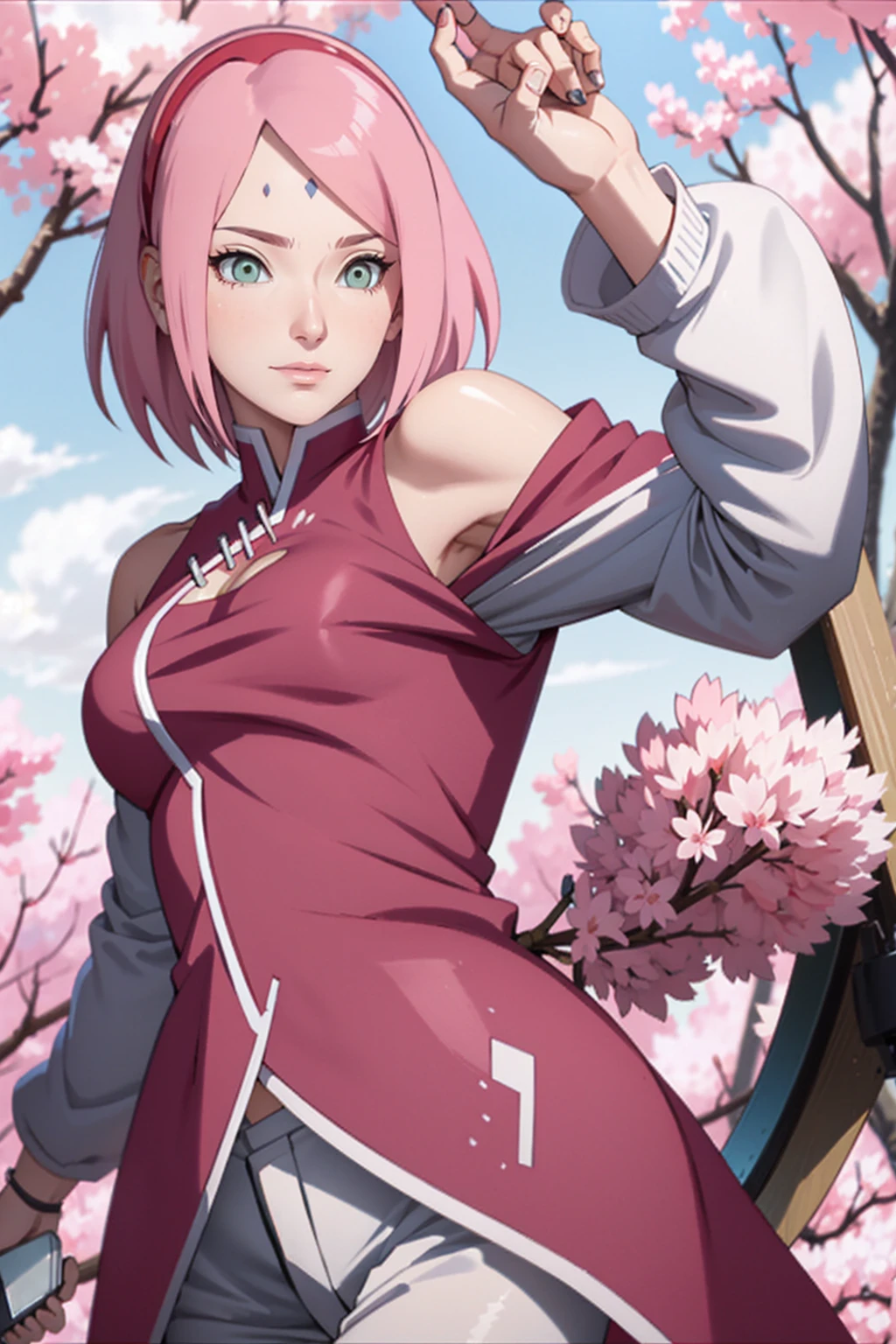 tmasterpiece， Best quality at best， 1girll， Sakura Haruno， Large breasts，Off-the-shoulder attire，（cleavage)，（upperbody closeup)，Raised sexy，is shy，ssmile，with pink hair，short hair， （Green eyeballs:1.4)， Forehead protection， the cherry trees，Cherry blossoms flying，Red clothes，Zipper half, white pant