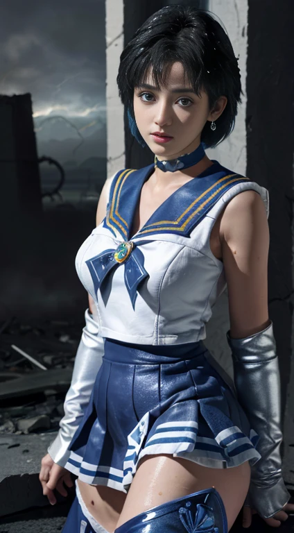 Unreal Engine:1.4,Ultra-high resolution,Best Quality:1.4, Realistic:1.4, Skin Texture:1.4, masterpiece:1.8, (Sailor Mercury:1.4), blue eyes, uniform, 両handを水平に広げる、Christ Pose、Large Breasts, tiara, Sailor Warrior Uniforms, (RAW Photos, Best Quality), masterpiece, foolish, sexy, Pelo azul corto floating, Blue sailor collar, (Over the knee boots: 1.4), choker, 白いhand袋, choker azul, 肘用hand袋, gem, Earrings, Blue Skirt:1.4, only, whole body, Shiny black hair, (hand:1.4), Octane Rendering, God of Fire, (raindrop), Wet clothes, (Dense and beautiful water), (floating), Dynamic Angle, Browsing Caution,Best Quality,masterpiece,Ultra-high resolution,(Cowboy Shot:1.3),(Realistic:1.4),RAW Photos 8K,Cinema Lighting,Official Art,evening, //, Messy Hair, Large Breasts,,hermosas feet,naked,Tall Woman,skinny,Delgado_feet,thigh_gap,(Watching the audience:1.2),model,thighs negros,Dynamic pose,High heels,from the front,liar,show ,(Apocalyptic Destroyed City:1.4), ((Missionary anal penetration)),((feet abiertas)),((Extreme close up)),(Super detailed),Portraiture,(masterpiece),(Best Quality),(Super detailed),Professional Lighting, mercury