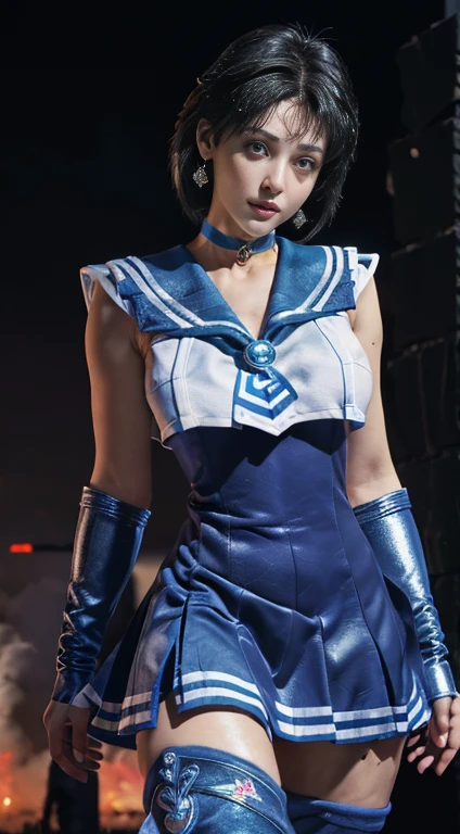 Unreal Engine:1.4,Ultra-high resolution,Best Quality:1.4, Realistic:1.4, Skin Texture:1.4, masterpiece:1.8, (Sailor Mercury:1.4), blue eyes, uniform, 両handを水平に広げる、Christ Pose、Large Breasts, tiara, Sailor Warrior Uniforms, (RAW Photos, Best Quality), masterpiece, foolish, sexy, Pelo azul corto floating, Blue sailor collar, (Over the knee boots: 1.4), choker, 白いhand袋, choker azul, 肘用hand袋, gem, Earrings, Blue Skirt:1.4, only, whole body, Shiny black hair, (hand:1.4), Octane Rendering, God of Fire, (raindrop), Wet clothes, (Dense and beautiful water), (floating), Dynamic Angle, Browsing Caution,Best Quality,masterpiece,Ultra-high resolution,(Cowboy Shot:1.3),(Realistic:1.4),RAW Photos 8K,Cinema Lighting,Official Art,evening, //, Large Breasts,,hermosas feet,naked,Tall Woman,skinny,Delgado_feet,thigh_gap,(Watching the audience:1.2),model,thighs negros,Christ Pose,High heels,from the front,liar,show ,(Apocalyptic Destroyed City:1.4), ((Missionary anal penetration)),((feet abiertas)),((Extreme close up)),(Super detailed),Portraiture,(masterpiece),(Best Quality),(Super detailed),Professional Lighting, mercury