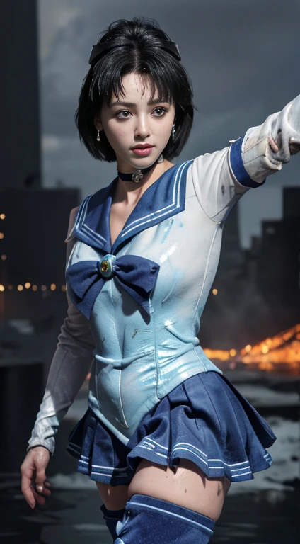 Unreal Engine:1.4,Ultra-high resolution,Best Quality:1.4, Realistic:1.4, Skin Texture:1.4, masterpiece:1.8, (Sailor Mercury:1.4), blue eyes, uniform, 両handを水平に広げる、Christ Pose、Large Breasts, tiara, Sailor Warrior Uniforms, (RAW Photos, Best Quality), masterpiece, foolish, sexy, Pelo azul corto floating, Blue sailor collar, (Over the knee boots: 1.4), choker, 白いhand袋, choker azul, 肘用hand袋, gem, Earrings, Blue Skirt:1.4, only, whole body, Shiny black hair, (hand:1.4), Octane Rendering, God of Fire, (raindrop), Wet clothes, (Dense and beautiful water), (floating), Dynamic Angle, Browsing Caution,Best Quality,masterpiece,Ultra-high resolution,(Cowboy Shot:1.3),(Realistic:1.4),RAW Photos 8K,Cinema Lighting,Official Art,evening, //, Large Breasts,,hermosas feet,naked,Tall Woman,skinny,Delgado_feet,thigh_gap,(Watching the audience:1.2),model,thighs negros,Christ Pose,High heels,from the front,liar,show ,(Apocalyptic Destroyed City:1.4), ((Missionary anal penetration)),((feet abiertas)),((Extreme close up)),(Super detailed),Portraiture,(masterpiece),(Best Quality),(Super detailed),Professional Lighting, mercury