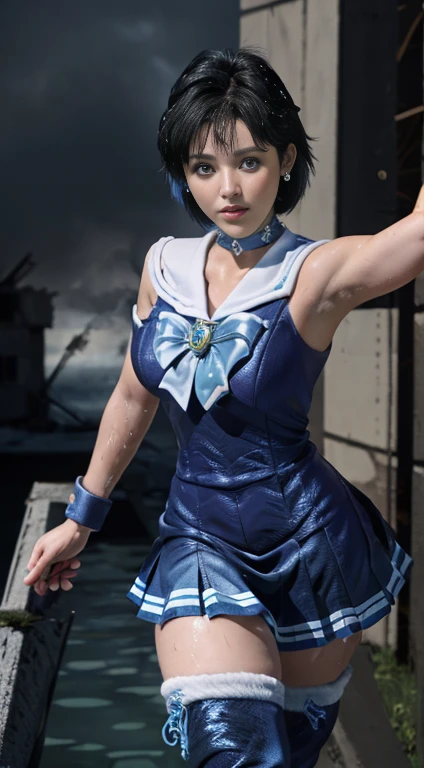 Unreal Engine:1.4,Ultra-high resolution,Best Quality:1.4, Realistic:1.4, Skin Texture:1.4, masterpiece:1.8, (Sailor Mercury:1.4), blue eyes, uniform, 両handを水平に広げる、Christ Pose、Large Breasts, tiara, Sailor Warrior Uniforms, (RAW Photos, Best Quality), masterpiece, foolish, sexy, Pelo azul corto floating, Blue sailor collar, (Over the knee boots: 1.4), choker, 白いhand袋, choker azul, 肘用hand袋, gem, Earrings, Blue Skirt:1.4, only, whole body, Shiny black hair, (hand:1.4), Octane Rendering, God of Fire, (raindrop), Wet clothes, (Dense and beautiful water), (floating), Dynamic Angle, Browsing Caution,Best Quality,masterpiece,Ultra-high resolution,(Cowboy Shot:1.3),(Realistic:1.4),RAW Photos 8K,Cinema Lighting,Official Art,evening, //, Large Breasts,,hermosas feet,naked,Tall Woman,skinny,Delgado_feet,thigh_gap,(Watching the audience:1.2),model,thighs negros,Christ Pose,High heels,from the front,liar,show ,(Apocalyptic Destroyed City:1.4), ((Missionary anal penetration)),((feet abiertas)),((Extreme close up)),(Super detailed),Portraiture,(masterpiece),(Best Quality),(Super detailed),Professional Lighting, mercury