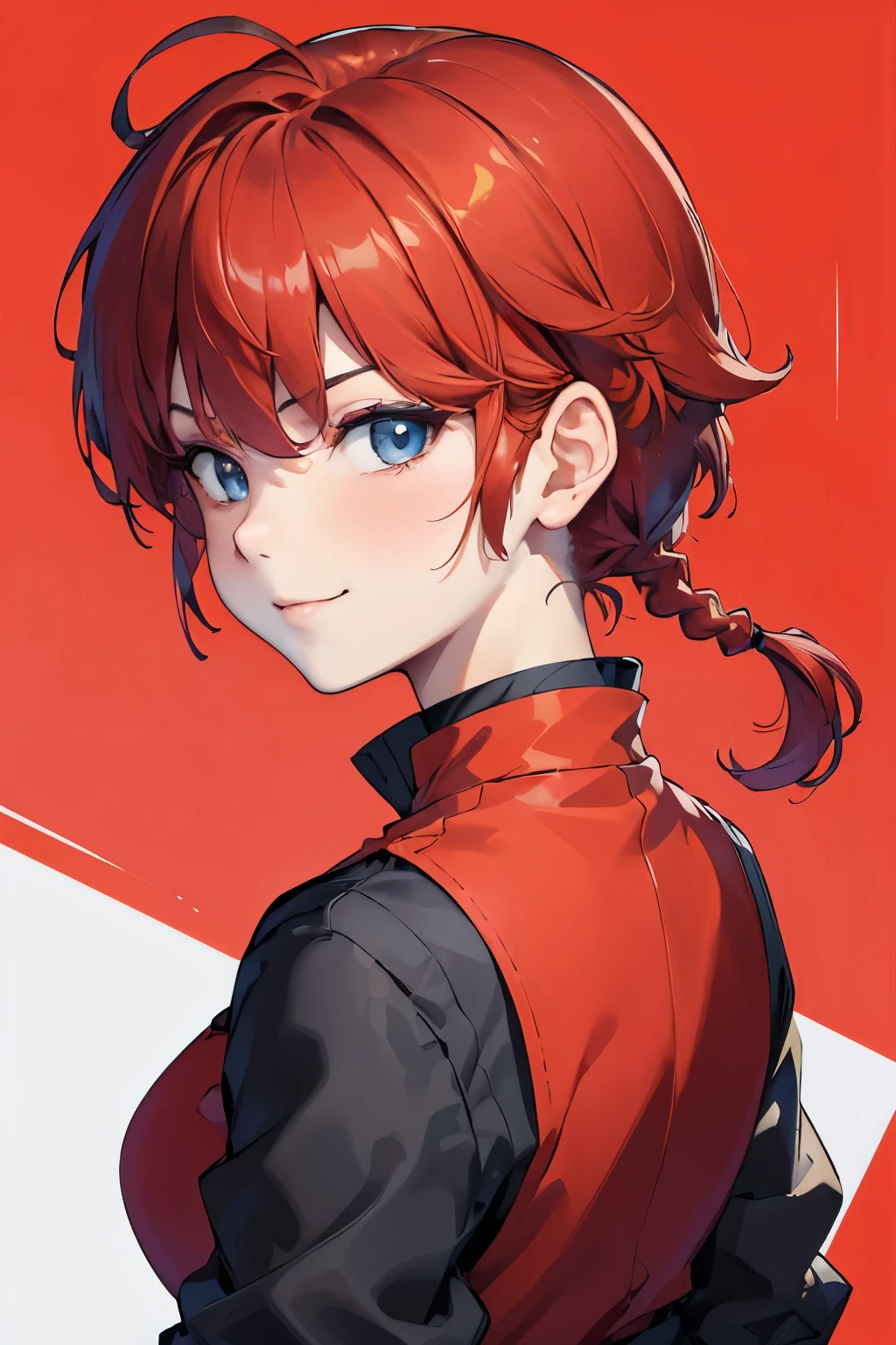 ((masterpiece)), high quality, very_high_resolution, large_filesize, full color, heavy outline, clear outline, colorful, (beautiful detailed eyes), (beautiful face:1.3), (boyish face:1.3), 1 girl, (femaleranma), (red hair), short hair, (braided ponytail), ((bangs)), bumpy bangs, blue-gray eyes, big breasts, curvy, femaleranma, braided ponytail, red chinese clothes, sleeveless, tangzhuang, black pants, cameltoe, standing, upper body, ((from behind:1.4)), smile, ((portrait:1.8)), ((face focus:1.4)),